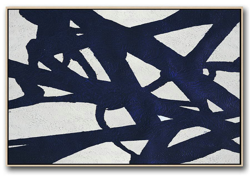 Horizontal Abstract Painting Navy Blue Minimalist Painting On Canvas,Handmade Acrylic Painting #Z1E9